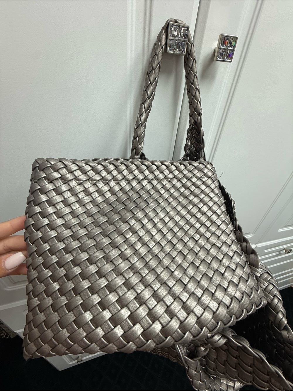 Woven Metallic Tote Bag in Pewter - Picture 5 of 8